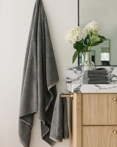 Cozy Earth Complete Ribbed Terry Bath Bundle - 60% Cotton 40% Viscose from Bamboo - Soft & Absorbent Cotton Bath Towel Set - 4 Washcloths, 2 Hand Towels, 2 Bath Towels, 2 Bath Sheets - Charcoal - Image 3