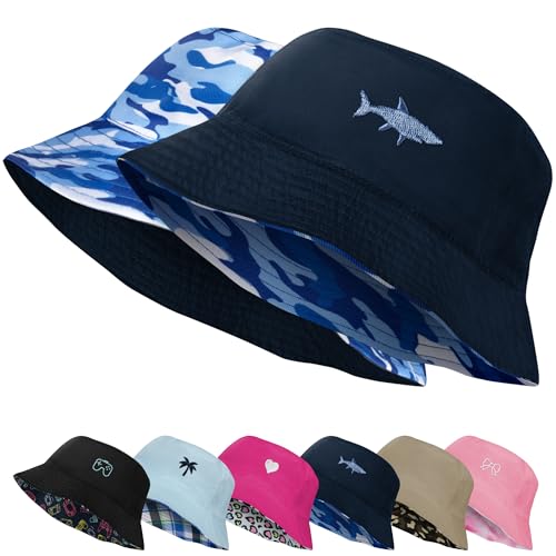 HONGTEYA Kids Sun Hat Double Side Bucket Hats for Boys Girls Summer Sun Protection Wide Brim Unisex Beach Outdoor Navy Blue