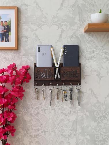 Image of CAPIO ART Wooden Wall Mounted Key Holder with 7 Hooks & Shri Radhe Design