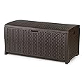 Suncast 73-Gallon Medium Deck Box - Lightweight Resin Indoor/Outdoor Storage Container and Seat for Patio Cushions and Gardening Tools - Store Items on Garage, Yard - Mocha Brown