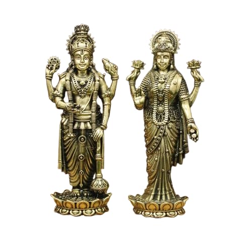 Idole Vishu Lakshmi debout sur lotus en laiton véritable sculpté