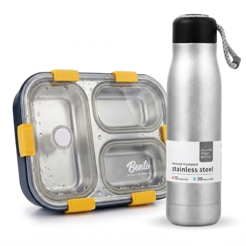 Image of Stainless Steel 3 Compartment Lunch Box with Leakproof Lid,Reusable Water Bottle & Spoon Set,Bento Style Tiffin Box for School,Office, College, Picnic,Travel & Daily (Bottle Multicolor)
