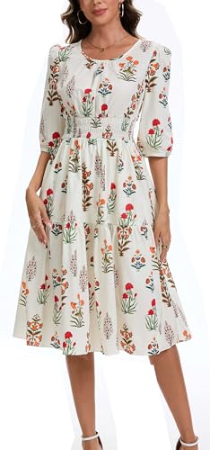 Image of Kormei Women Casual Boho Floral Round Neck 3 /4 Sleeve Smocked Waist Tiered A Line Flowy Swing Midi Dress Long Dresses