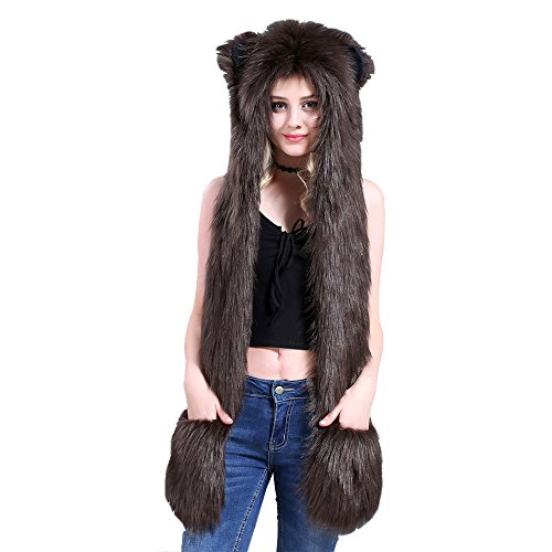 sdtdia Faux Furry Hoddie 3-in-1 Function Hood Gloves Scarf Anime Spirit Ears Hat Head Decoration (Bear-Dark-Brown)