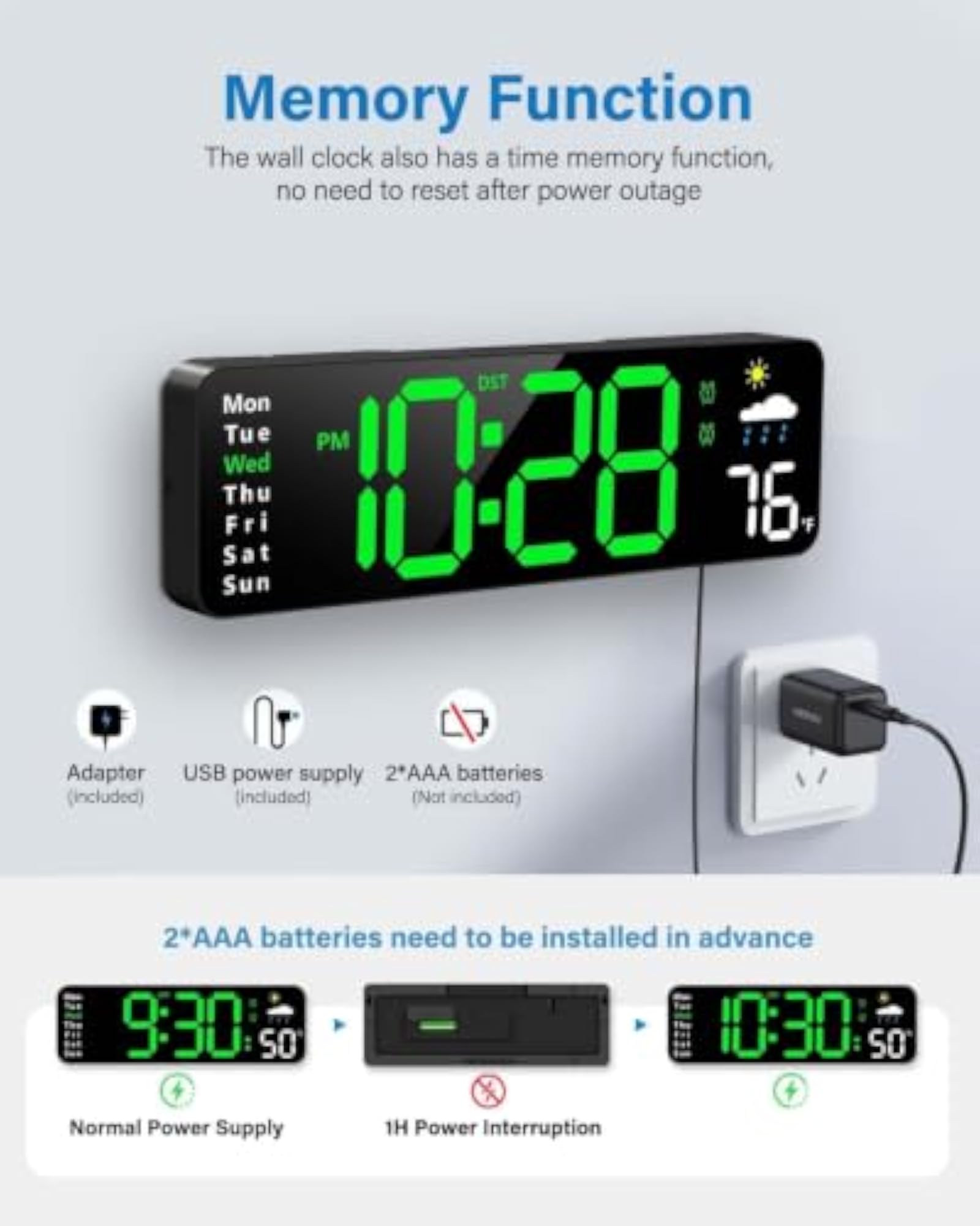 Smart Green LED Digital Wall Clock with Remote Control