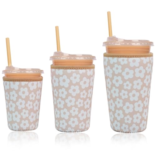 Image of Reusable Insulated Neoprene Iced Coffee Cup Sleeve, Durable Drink Sleeve for Cold Beverages, Beverage Holder for Iced Coffee (Creamy Florals)