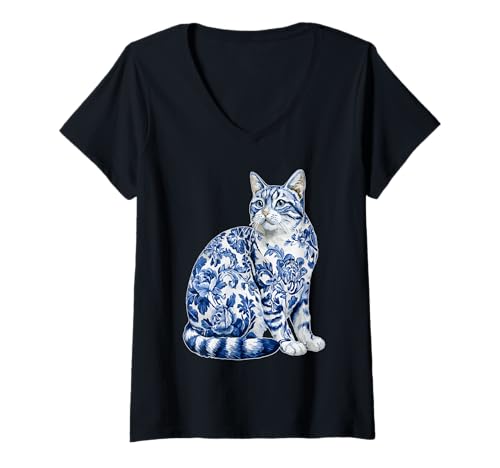 Femme Élégant Floral Chat tigré Toile Bleue Chaton Chinoiserie T-Shirt avec Col en V
