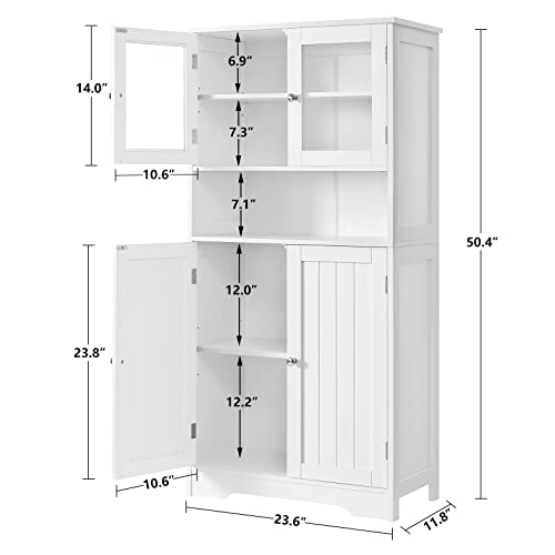 Iwell Tall Bathroom Cabinet, Bathroom Storage Cabinet With Glass Doors & Adjustble Shelf, Linen Cabinet With Open Compartment, Pantry Cabinet, Cupboard For Living Room, Home Office, White #TOP1