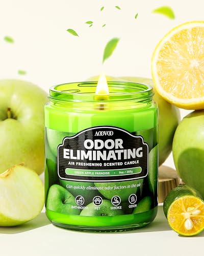 Image of AOOVOO Green Apple Odor Eliminating Highly Fragranced Candle - Eliminates 95% of Pet, Smoke, Food, and Other Smells Quickly, Non Toxic Air Freshing Soy Candle, 9 oz Up to 50 Hours Burn time