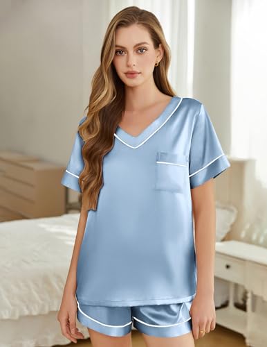 Image of Silk Pajamas for Women Short Sleeve Satin 2 Piece Pj Set Soft V Neck Sleepwear Loungewear, S-XXL