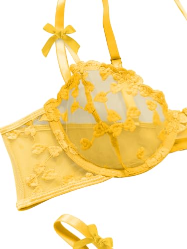 Image of Lilosy Sexy Underwire Cute Push Up Strappy Embroidered Mesh Sheer Lingerie Set See Through Panty Bra
