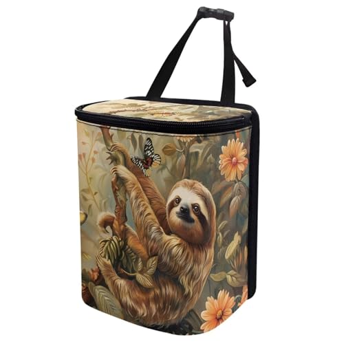 Image of Talayituse Sloth Butterfly Flower Print Car Trash Can with Adjustable Straps, Foldable Car Trash Bag Bin Car Garbage Bag Multipurpose Storage Box for Vehicle Travel Camping Picnicing