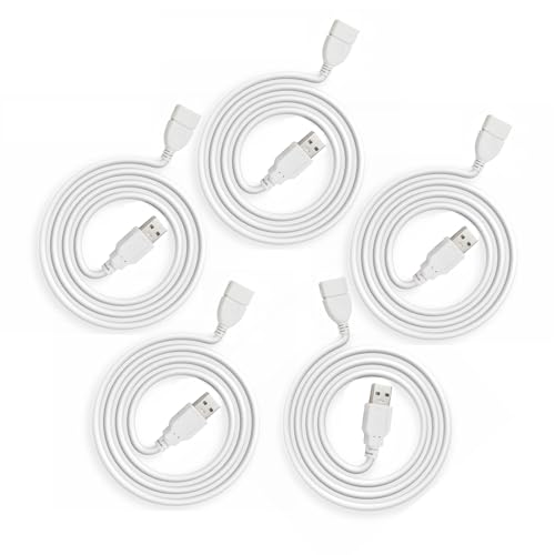PDEEY White USB Extension Cable 3ft 5 Pack Bulk USB A 2.0 Male to Female Extender Cord for Printer Mouse Keyboard 480Mbps Transfer Speed