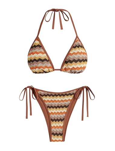 ZAFUL Women's Colorblock Stripes Triangle Halter Tied Cheeky Thong Bikini Set High Cut Two Piece Bathing Suit