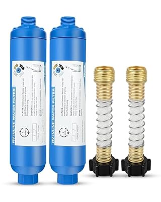 RV Inline Water Filter with 2 Flexible Hose Protector, Reduces Chlorine, Bad Taste, Corrosion, Rust, Sediments and Turbidity, Ideal for RVs, Garden, Gardening, Car Washing, Planting, 2 Pack