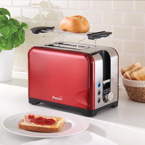 Coopers of Stortford - Red Metallic 2 Slice Toaster with 7 Browning Levels - Wide Slots, Defrost & Reheat Functions - Stainless Steel Design with Crumb Tray & Bun Warmer