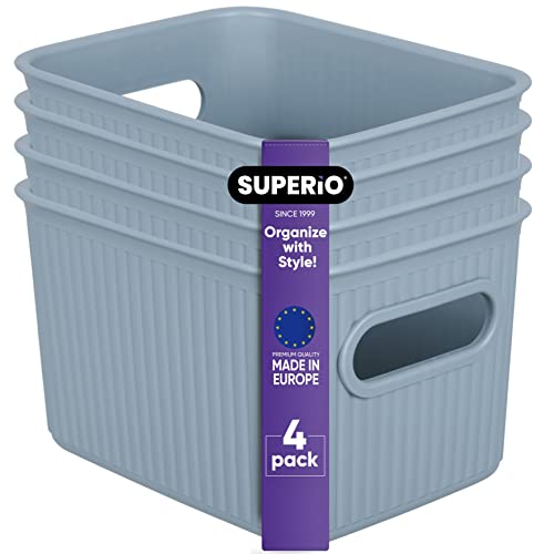 Image of Superio Ribbed Collection - Decorative Plastic Basket Open Home Storage Bins Organizer, Small Blue (4 Pack) Container Boxes for Organizing Closet Storage Bins for Shelves Drawer Shelf 1.5 Liter