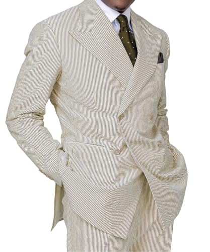 Custom Mens Lightweight Striped Seersucker Summer Suit Grooms Sear Sucker Suit for Wedding Tan