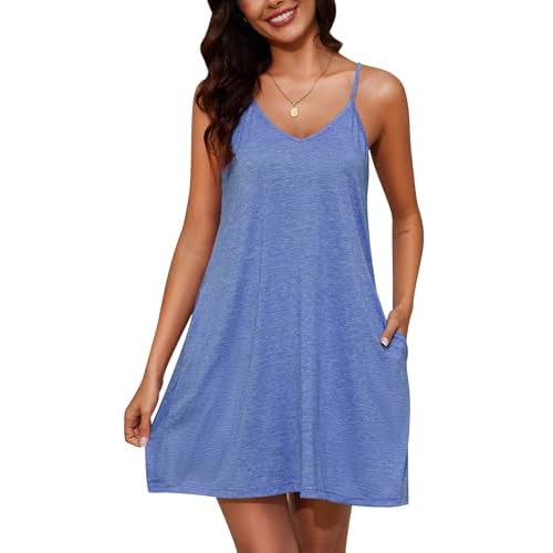 Marvmys Womens Cotton Sleeveless Nightgown Spaghetti Strap V Neck Full Slip Sleep Dress with Pockets Blue XX-Large