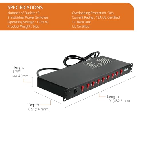 Image of Tecmojo 9-Outlet Rack Mount Overloading Protection Circuit Breaker PDU, with Individual Switch 6ft Cord for IT and Network Racks and Cabinets
