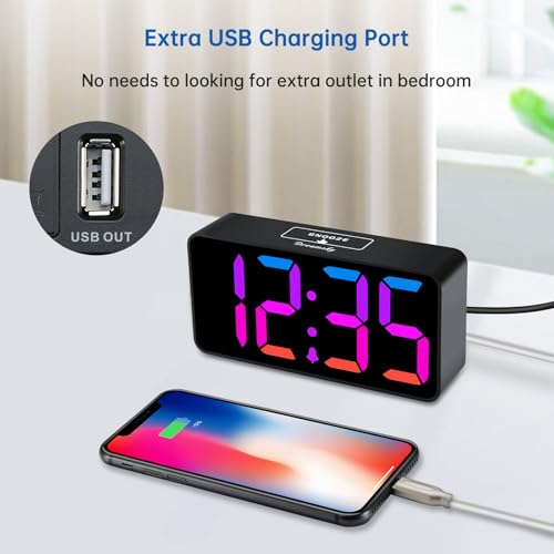 Image of DreamSky Small Digital Alarm Clocks for Bedrooms - RGB Electric Alarm Clock for Kids Bedside Nightstand, Desk Clock with Large Numbers, Dimmer, Adjustable Alarm Volume, USB Port, USB-C Adapter Powered