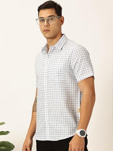 Image of Thomas Scott Men's | Checks | Half Sleeve | Slim Fit | Linen Blend | Spread Collar | Casual Shirt