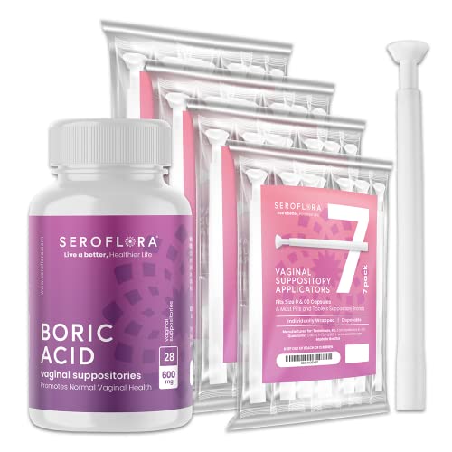 SEROVERA Seroflora Boric Acid Vaginal Suppositories 600 mg + Suppository Applicators Bundle - Vaginal Health pH Balance for Women - Helps Control Vaginal Odor (28ct)