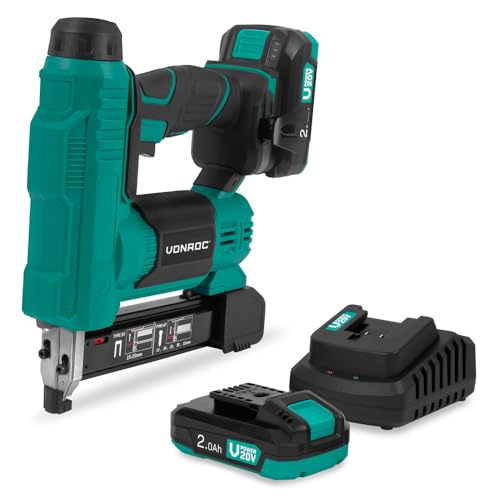 VONROC Agrafeuse Cloueuse Sans Fil 20V - 2 Batteries, 1000 Pièces d'Agrafes 20mm et 25mm, Chargeur Inclus - Taux Percussion 30 Clous/Agrafes par Minute - LED intégrée, Percussion Réglable