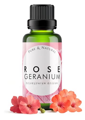 Image of Esslux Geranium Essential Oil - 100% Pure & Natural Rose Geranium Oil for Skin & Hair | Calming Aromatherapy Oil for Diffuser, Soap Making, and DIY Projects | Perfect for Stress Relief (30ml)
