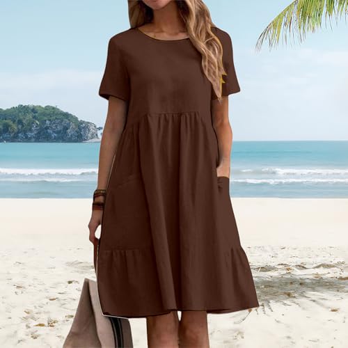 Womens Summer Cotton Linen Dress Short Sleeve Crewneck T Shirt Dresses Casual Flowy Maxi Tunic Beach Dress2