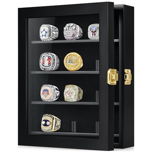 Image of TJ.MOREE 12 Rings Championship Ring Display Case 8x10 Wall Mount Wooden | Shadow Box with Locks to Show Sport, Class, Fraternity, and Award Rings, Black