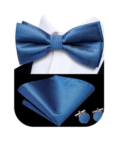 Image of Hi-Tie Blue Pre-Tied Bowties for Men Silk Solid Clip On Men's Bowtie Pocket Square Cufflinks Set for Wedding Party