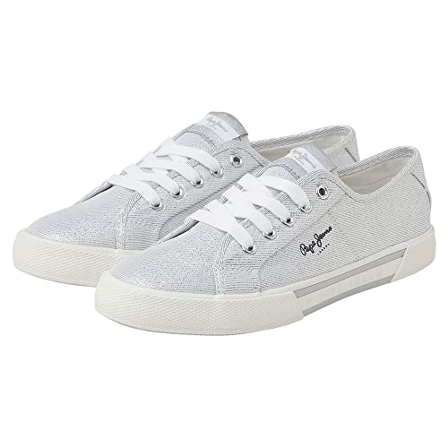 Pepe Jeans Para Mujer. PLS31439 Zapatillas BáSicas Brady Party Plateado (36), Plata, Tela, Plano, Cordones, Casual - 3