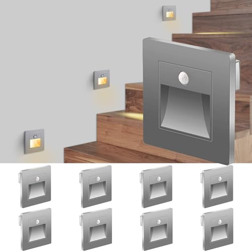 La mejor selección de Focos para la pared Top 5. 48 VOURTM Lampara Escalera Pared 8 Pack Con Sensor de Luz y Movimiento, 2W 3000K LED Empotrable, Lamparas de Pared Interior Grises, LED Con Sensor Para Escaleras y Pasillos (Gris)