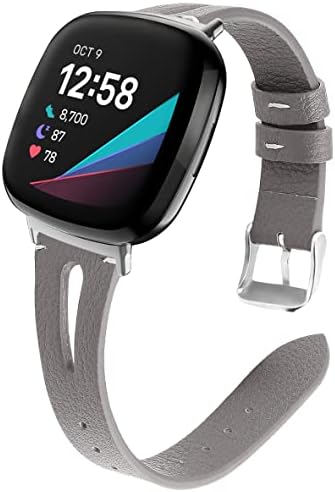 Mnzcoa Soft Leather Bands Compatible with Fitbit Sense/Versa 3, Slim Genuine Leather Breathable Wristband Replacement for Fitbit Versa 3 Fitbit Sense Band Women Men(Grey)