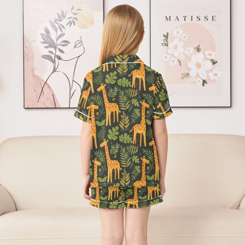 ALAZA Giraffe Leaves Tropical Pajamas Satin Pajama Set Short Sleeve Button Down Sleepwear4