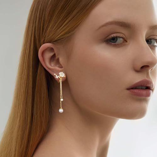 Clip on Earrings Dangle Pearl Drop Clip Earrings for Women Trendy Dangle Chain Dainty Flower Wedding Earrings for Brides 14K Gold Plated Statement Non Pierced Earrings for Women Sparkly Jewelry3