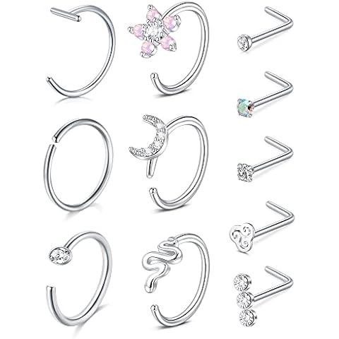 Zolure Nose Rings Hoops Nose Studs for Women 18g Silver Surgical Steel Nose Piercing Jewelry L Shaped Diamond Heart Star for Men Cover