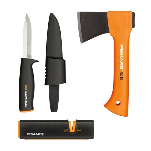 Fiskars Kaminofen-Set, Freizeitbeil X5-XXS, 23 cm, Xsharp Axt- und Messerschärfer, Keramik-Schleifkopf, Universalmesser K40, Inkl. Köcher, 22,5 cm, 1057913