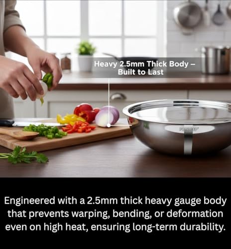 Image of Pradeep Triply Stainless Steel Tasla with SS Lid|3 Ply Tasla /Kadai /Wok|18 /10 Food Grade Steel|Induction&Gas|Heavy Gauge2.5 mm|Deep Kadhai for Frying,Saute,Curry Cooking|Cookware (22cm-1900ml)