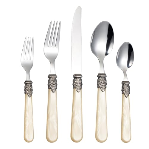 CATHYLIN 20 pieces Stainless Steel Flatware Sets With White Hanld,Dishware Safe (5, Champagne)