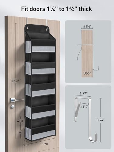 Image of Yecaye 1 Pc Over the Door Organizer with 5 Bins 10 Side Pockets, 44lbs Load Hanging Bathroom and Bedroom Organizer, behind the Door Hanging Organizers for Nursery Newborn Baby Essential Stuff Black
