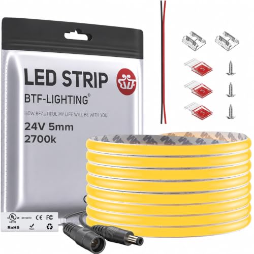 BTF-LIGHTING FCOB Thin 5mm Width COB LED Strip Light Warm White 2700K