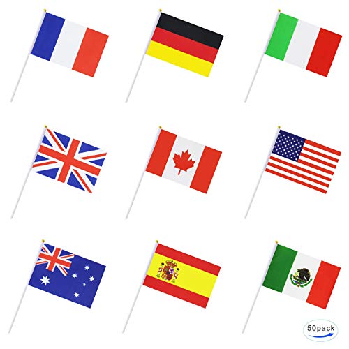 50 Pcs Hand Held Flags on Sticks 8x12 Inch World Country National Flags Set for Sports Fans, World Cup, Stadium, Parades, Party Decor, International Events & Classroom Learning