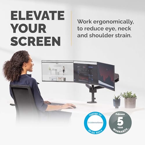 Image of Fellowes Platinum Series Triple Monitor Arm for 27-Inch Monitors, Full Motion, 360 Rotation, VESA Mount with Grommet or Clamp, USB Ports, Ergonomic, Black, 8042601