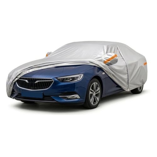 Mid-Size Sedan Car Covers for Automobiles All Weather Waterproof, 6 Layers Heavy Duty Car Tarp Universal Fit for Buick Regal, Cadillac CT4, Mazda 6, Chevy Malibu, Ford Fusion, Kia K5 Optima