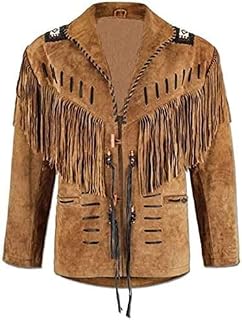 Quality Supply Mens Traditional Western Cowboy Suede Leather Jacket | Classic Native American jacket Coat with Beaded Fringed