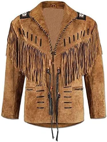 Image of Mens Traditional Western Cowboy Suede Leather Jacket | Classic Native American jacket Coat with Beaded Fringed