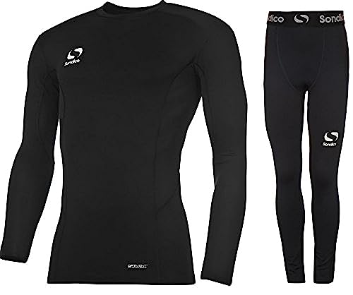 Sondico Boys Base Layer Tights & Top Set Junior Football Core Baselayer (Black L/S with Pants, 11-12 years)