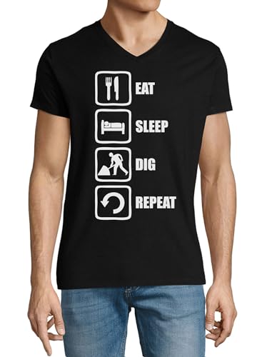 T-Shirt Noir Col V Homme en Coton avec Slogan Eat Sleep Dig Repeat
